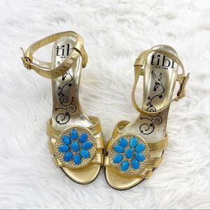Tibi Metallic Gold Turquoise Beaded Strappy Heeled Sandals